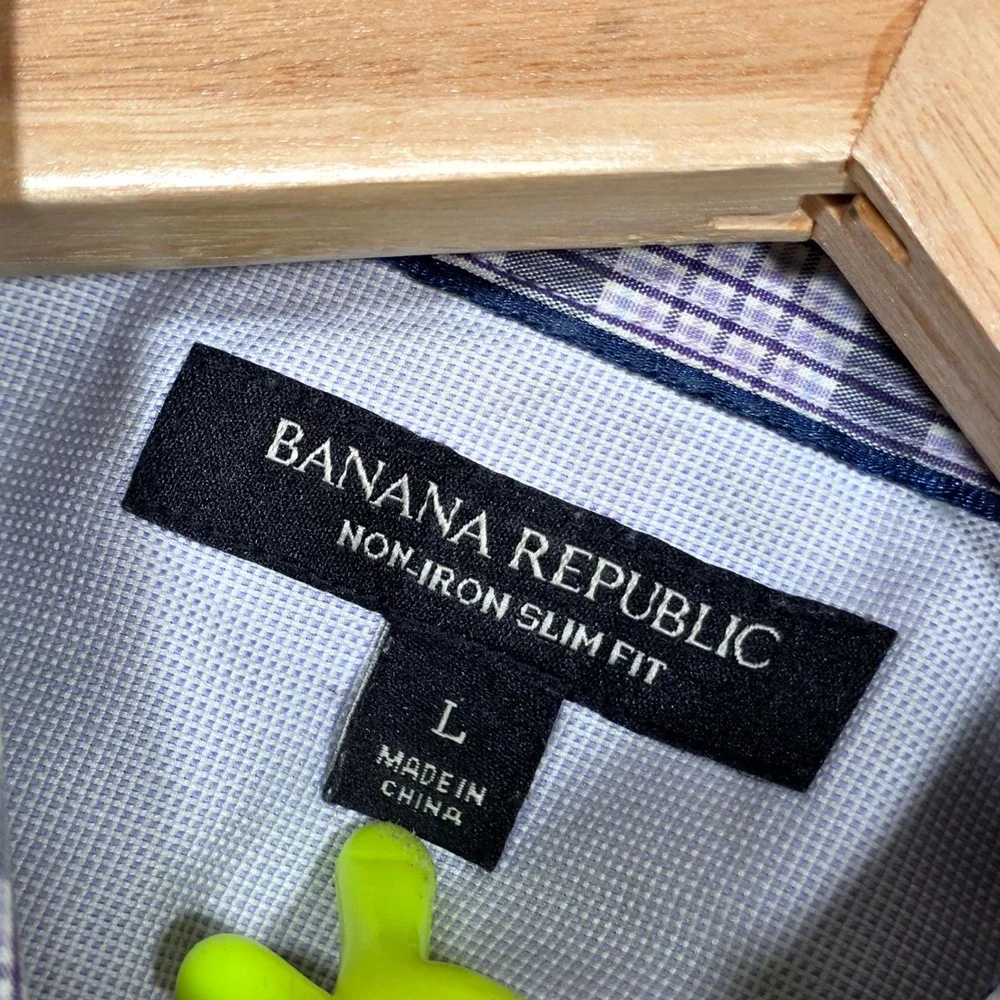 Banana Republic Button Down Mens L Navy Purple Plaid Non-Iron Slim Fit Shirt
